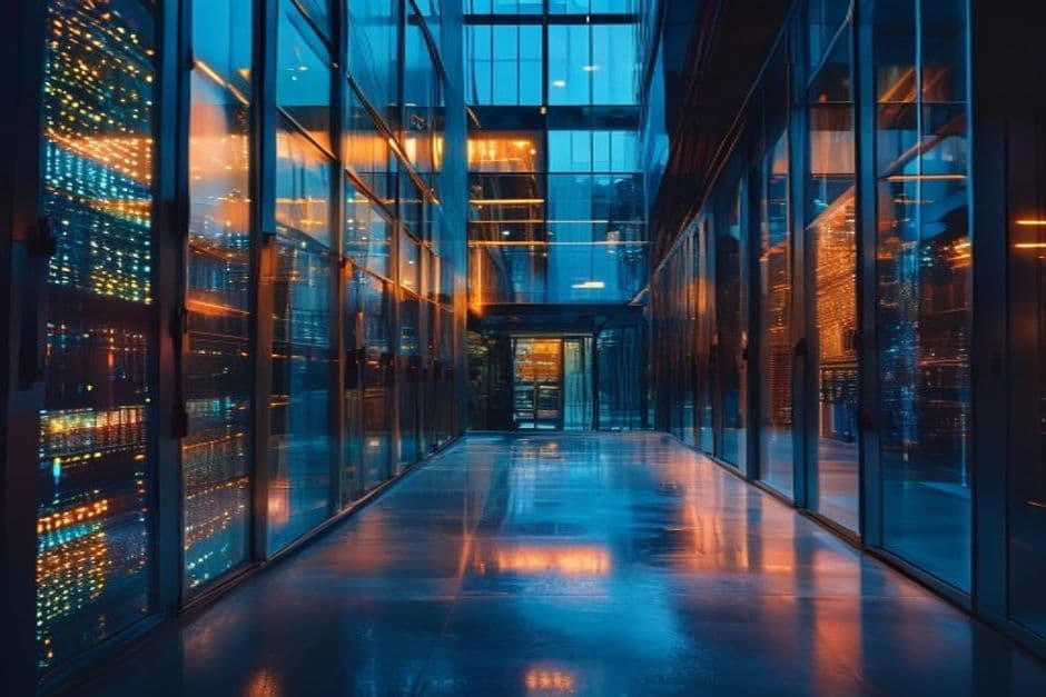 A modern office building representing the intersection of technology and corporate economic structure.
