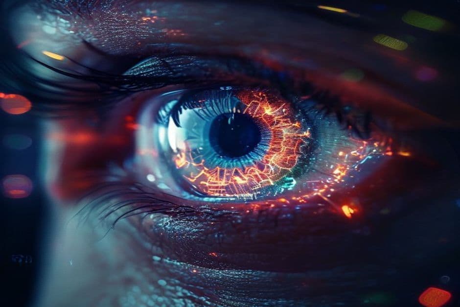 A close-up of a human eye with digital data overlay representing biometric security.