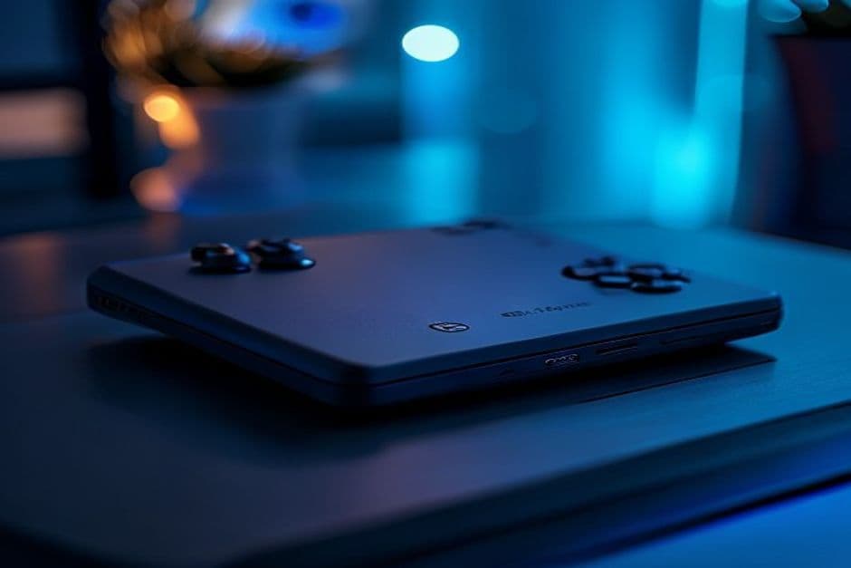 Steam Deck OLED gaming console on a desk