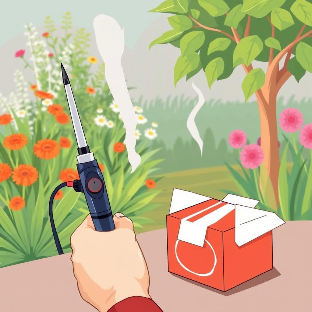 a person with a soldering iron and takeout box