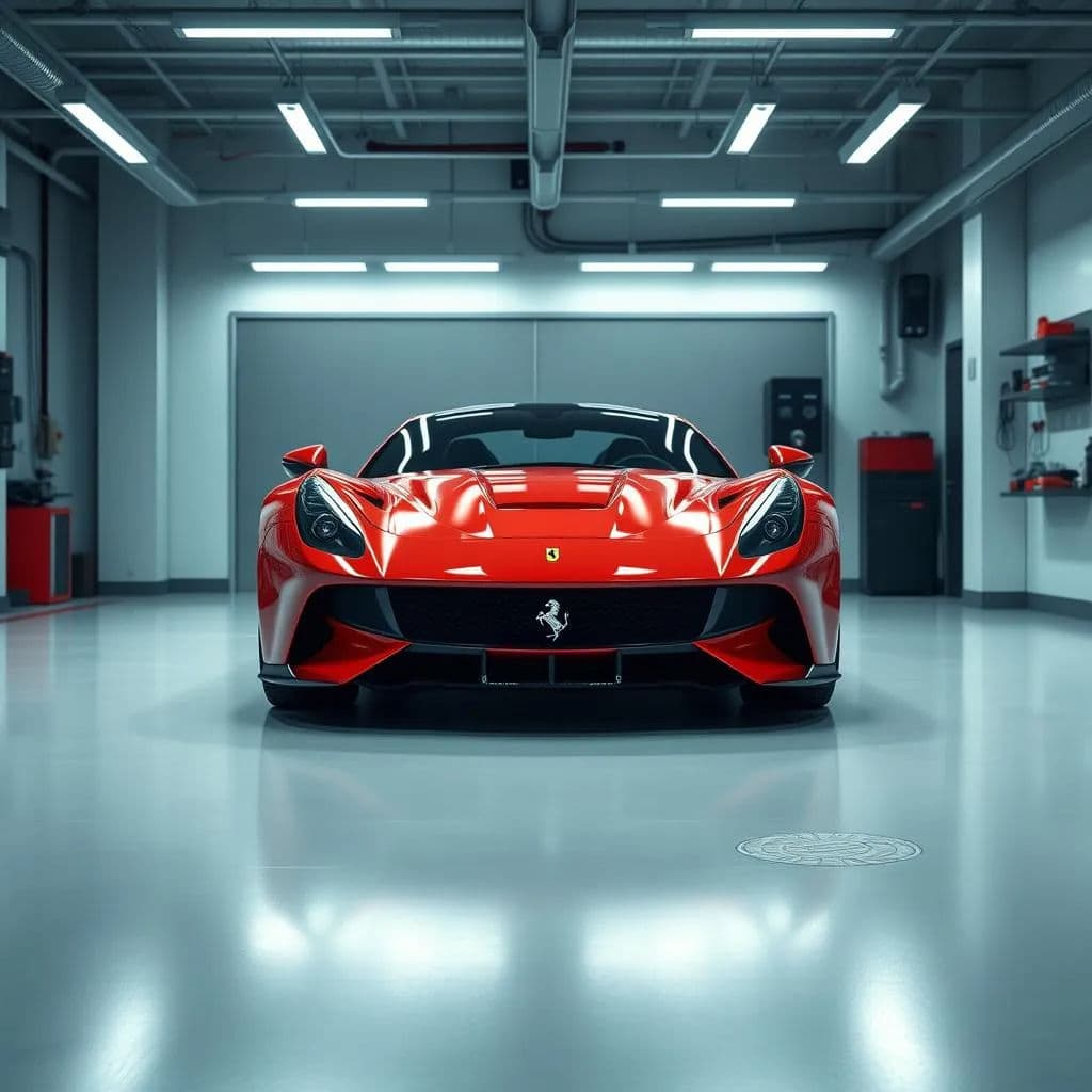 A modern Ferrari in a high-tech, minimalist garage setting.